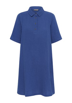 Rochie albastră cu mâneci scurte, croială lejeră, cu guler și patru nasturi în față, confecționată dintr-un material texturat ușor.