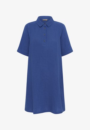 Rochie albastră cu mâneci scurte, croială lejeră, cu guler și patru nasturi în față, confecționată dintr-un material texturat ușor.