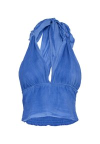 Top blu con collo a halter realizzato in un tessuto leggero e texture. Presenta un corpetto aderente con dettagli arricciati e chiusure a lacci sul collo.
