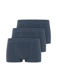 Men's boxer briefs in dark blue, made of soft fabric. Features a branded elastic waistband with a ribbed texture and a snug fit. Set of three.