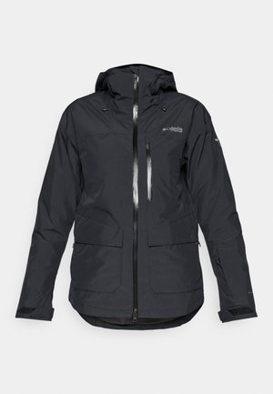 Veste imperméable noire avec capuche, deux poches avant et une fermeture éclair centrale. Dispose de poignets ajustables et d'une texture lisse et mate.