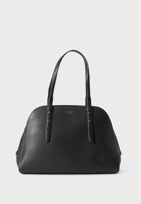 Borsa a mano in pelle nera con manici superiori doppi, forma arrotondata, accentuazione del logo in tonalità oro e finitura testurizzata. Nessuna tasca esterna visibile.