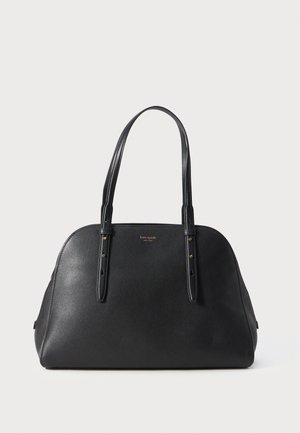 Bolsa de mão em pele preta com alças duplas superiores, forma arredondada, detalhe em logotipo dourado e acabamento texturizado. Sem bolsos externos visíveis.
