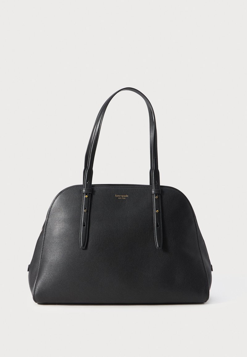 Borsa a mano in pelle nera con manici superiori doppi, forma arrotondata, accentuazione del logo in tonalità oro e finitura testurizzata. Nessuna tasca esterna visibile.