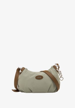 Kleine, olivgrüne Nylon-Tasche mit braunem Ledergriff und Akzenten. Verfügt über ein dezentes Falten-Design und metallische Beschläge am Reißverschluss.