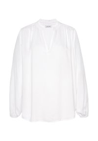 Weiße Bluse mit langen Ärmeln, rüschigem Ausschnitt, einer Knopfleiste und gerafften Ärmeln. Hergestellt aus leichtem Stoff mit glatter Textur.