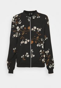Czarna kurtka bomberka z kwiatowym wzorem w białym i brązowym kolorze, z zamkiem z przodu, ściągaczami na mankietach i dole oraz gładką fakturą materiału.