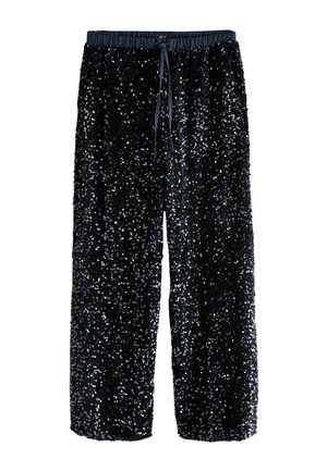 Black sequin pants with a loose fit, featuring an elastic waistband and drawstring. The texture is shiny and reflective, enhancing visual appeal.