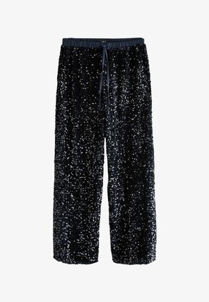 Black sequin pants with a loose fit, featuring an elastic waistband and drawstring. The texture is shiny and reflective, enhancing visual appeal.