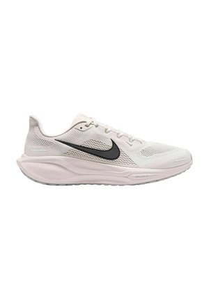 Lightweight running shoe in white mesh with a black Nike swoosh. Features cushioned sole and textured details for breathability and support.