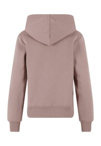 Sudadera con capucha en rosa empolvado, confeccionada en una suave tela texturizada. Presenta mangas largas, puños acanalados y un corte relajado. Se muestra vista posterior.