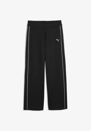Sorte trackpants med vide ben, grå sidelommer og hvid Puma-logo på øverste venstre lår, med flad talje og afslappet pasform.