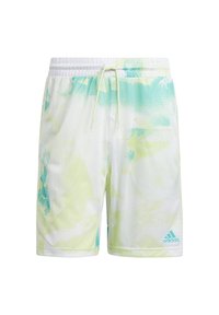 Pantalones cortos deportivos para hombre en malla ligera, con una base blanca y patrones abstractos en turquesa y verde claro. Cintura elástica con cordón.