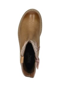 Brown leather ankle boot with a textured finish, decorative stitching, a side zipper, and a contrasting pink accent near the opening.