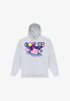 Lichtgrijze hoodie met kleurrijke tekst "COSMIC" boven een roze beer die zit binnen een blauw-paarse planeetring met sterren en planeten eromheen.