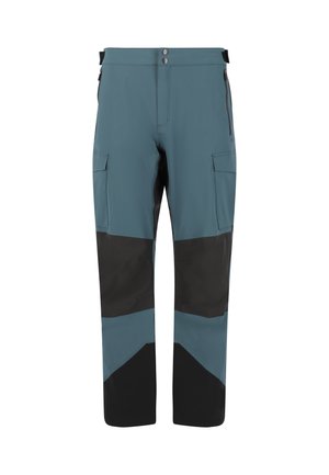 Pantaloni softshell in teal e nero. Presentano due tasche laterali, una chiusura con bottone e un design a pannelli contrastanti. Tessuto leggero e resistente.