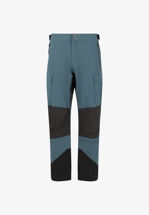 Softshell-Hosen in Teal und Schwarz. Mit zwei Seitentaschen, einem Knopfverschluss und kontrastierendem Design der Einsätze. Leichtes und strapazierfähiges Material.