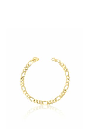 Goldenes Kettenarmband mit ineinandergreifenden ovalen und flachen Gliedern und einem Karabinerverschluss, dargestellt auf weißem Hintergrund.