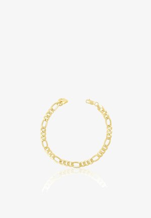 Bracciale a catena in oro con maglie ovali e piatte intrecciate e chiusura a moschettone, mostrato su sfondo bianco.