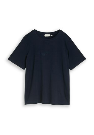 Marineblauw T-shirt met korte mouwen, ronde halslijn en subtiele tonale borduursels van bloemen en vlinders over de borst.