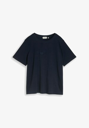 Tumesinine lühikeste varrukatega T-särk ümarate kaelusega, millel on rinnal peen toon-toonis lille- ja liblikas Tikand.