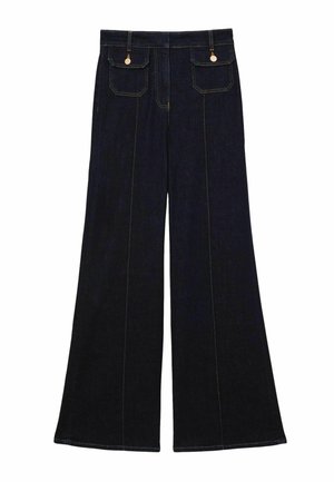 Tumši zilas džinsa plaša piegriezuma bikses ar zelta krāsas metāla detaļām, divām aizmugurējām kabatām un kontrastējošu šuvju rakstu. Gluda priekšpuse un taisnas šuves.