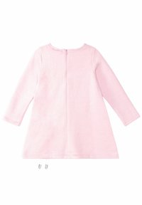 Długo-sleeve różowa sukienka wykonana z miękkiego materiału, z okrągłym dekoltem, zamek błyskawiczny z tyłu i podwójnymi sznurkami u dołu.