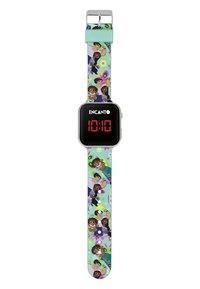 Orologio digitale con quadrante rettangolare nero che mostra cifre rosse, attaccato a un cinturino colorato con personaggi dei cartoni animati e motivi floreali.