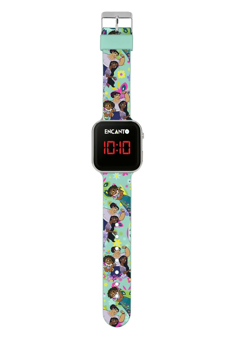 Orologio digitale con quadrante rettangolare nero che mostra cifre rosse, attaccato a un cinturino colorato con personaggi dei cartoni animati e motivi floreali.