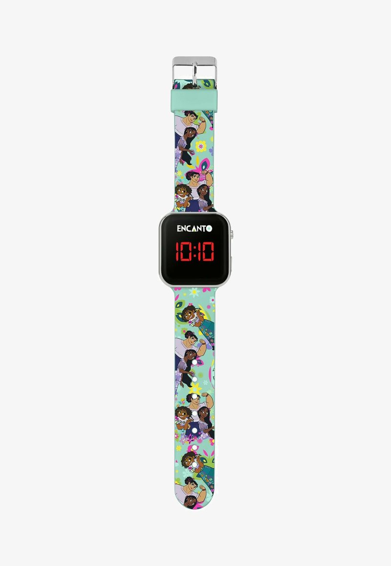 Digitale horloge met een rechthoekige zwarte wijzerplaat waarop rode cijfers worden weergegeven, bevestigd aan een kleurrijke band met cartoonfiguren en bloemenpatronen.