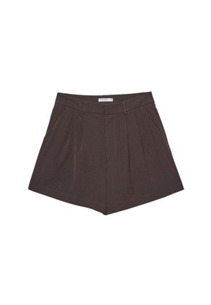 Brown pleated shorts with vertical pinstripes, featuring a flat waistband and a tailored silhouette. Short length with clean seams.