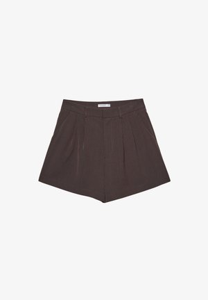 Brown pleated shorts with vertical pinstripes, featuring a flat waistband and a tailored silhouette. Short length with clean seams.