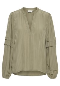 Olivgrüne Bluse aus glattem Stoff, mit V-Ausschnitt, gerafften Ballonärmel mit Rüschenakzenten und einem leicht abgerundeten Saum.