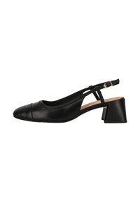 Chaussure noire à bride arrière avec un bout rond et un cap en texture, fabriquée en cuir lisse avec un petit talon carré et une sangle réglable.