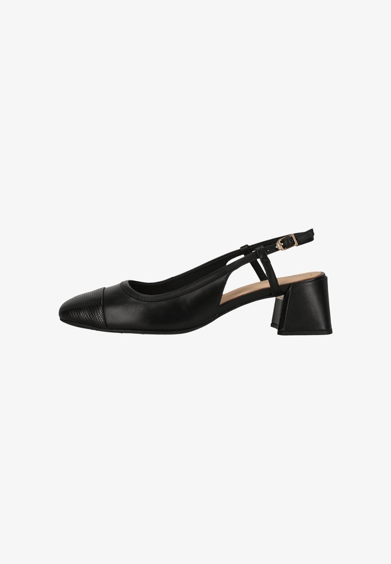 Musta slingback-kenkä, jossa on pyöreä kärki ja teksturoitu kärkipäällyste, valmistettu sileästä nahasta, jossa on matala lohko korko ja säädettävä hihna.
