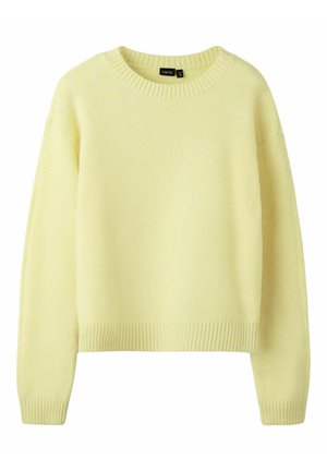 Maglione a maniche lunghe di colore giallo pallido morbido, lavorato a maglia, con scollo rotondo e polsini e orlo a coste, etichettato LMTD nella taglia media.