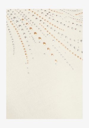 Crèmewit stof met een gestructureerde feel, versierd met zilveren en roségouden pailletten in een zonnestralenpatroon dat vanuit het midden straalt.