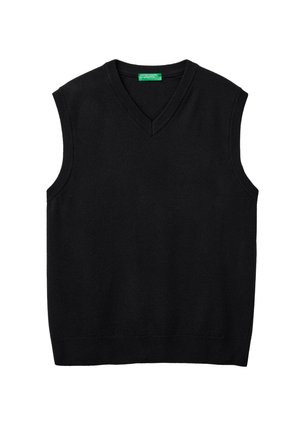 Schwarzer ärmelloser Pullover mit V-Ausschnitt und gerippten Kanten, flach auf weißem Hintergrund platziert.