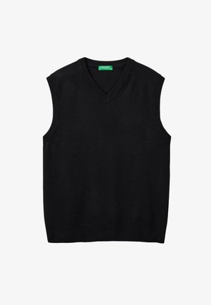 Schwarzer ärmelloser Pullover mit V-Ausschnitt und gerippten Kanten, flach auf weißem Hintergrund platziert.