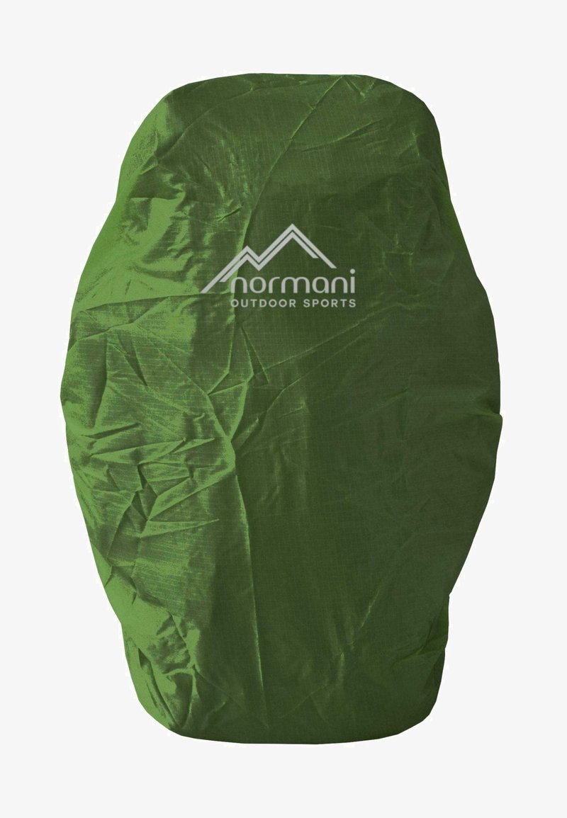 Grüne Outdoor-Sport-Rucksackabdeckung aus leichtem Material mit gewellter Textur. Mit einem bedruckten Logo auf der Vorderseite.