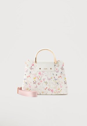 Hvid taske med flerfarvet blomstermønster og sommerfugle, guldmetalhåndtag og en aftagelig pink skulderrem.