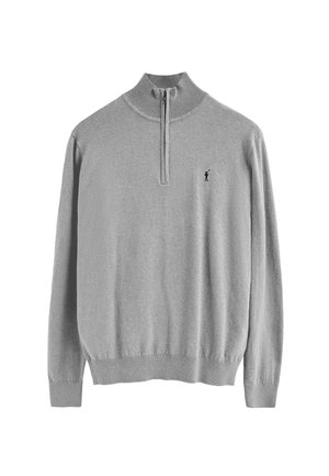Gray pullover sweater with a high collar, half-zip closure, and ribbed cuffs. Features a small dark logo on the left chest. Soft texture.