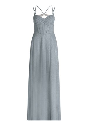 Langes silbernes Glitzerkleid mit figurbetontem Oberteil, überkreuzten Trägern und fließendem Rock, entworfen für formelle Anlässe.