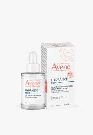 Avène Hydrance Boost moisturizing serum concentrate with dropper bottle and box, designed for sensitive skin, 30 ml, made in France.