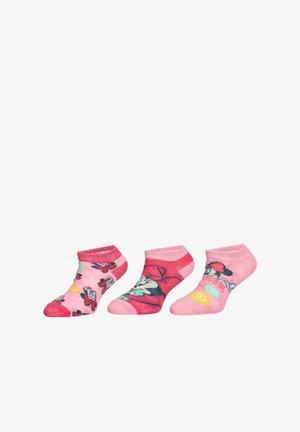 Tre paia di calzini corti rosa con motivi floreali e personaggi, realizzati in materiale testurizzato e con accenti di colore a contrasto.