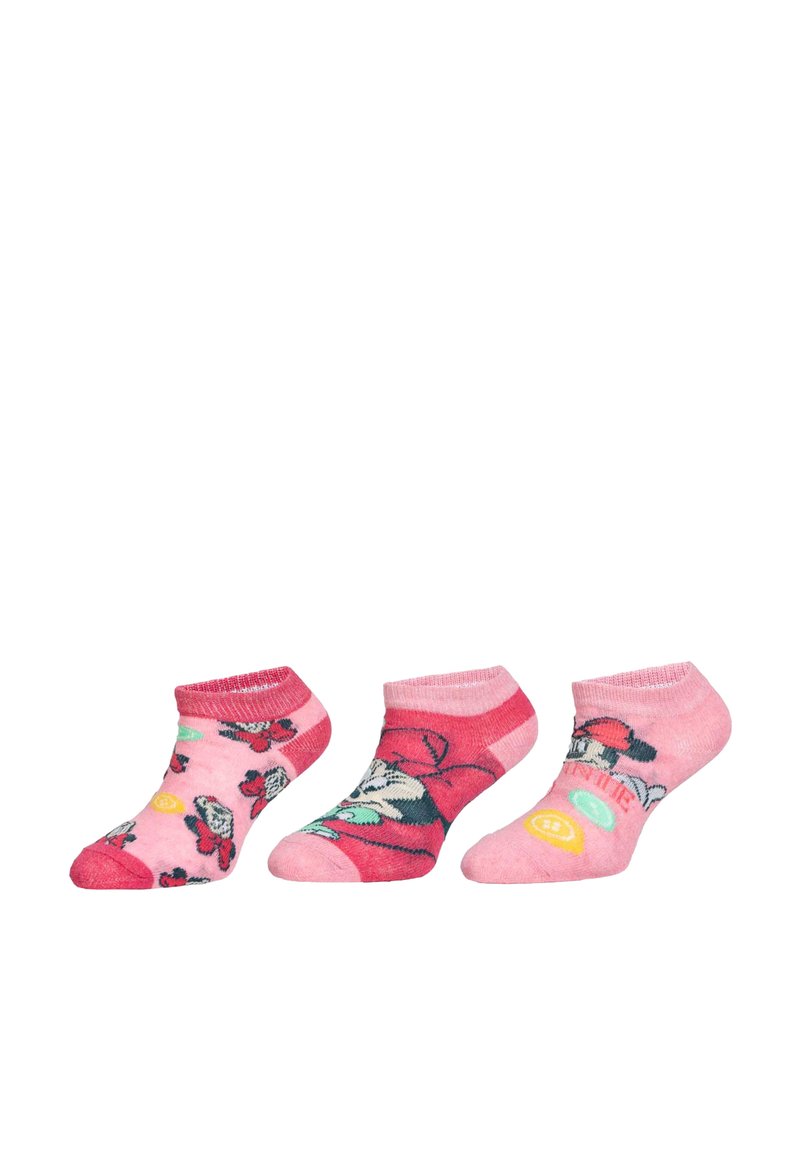 Tre paia di calzini corti rosa con motivi floreali e personaggi, realizzati in materiale testurizzato e con accenti di colore a contrasto.