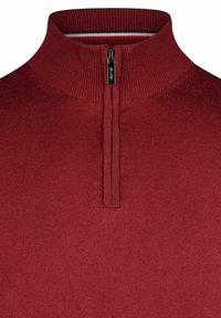 Bordový fleecový svetr s vysokým límcem a krátkým zipem. Obsahuje žebrovaný límec a lem. Měkká textura a minimalistický design bez vzorů.