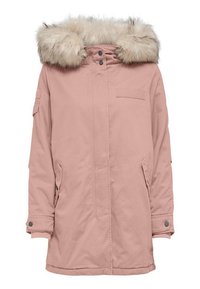 Parka rose avec capuche bordée de fourrure, accents de boutons, deux poches latérales et une poche à rabat frontale. Présente un design mi-long et un tissu durable.