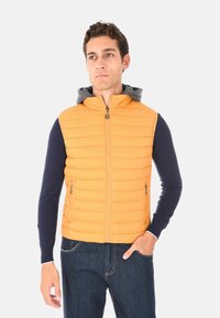 Giovane uomo che indossa un gilet trapuntato arancione senza maniche sopra una maglietta a maniche lunghe blu navy e jeans blu, con una mano in tasca.