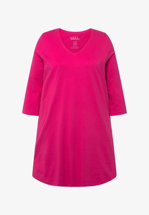 Fuchsia katoenen tuniek met een V-hals, driekwartmouwen en een rechte zoom. Kenmerkt subtiele stiknaaddetails in een relaxte pasvorm.
